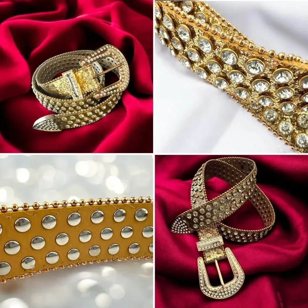 Gold Buckle Decorated Belt w/ White Studded Rhinestones l New